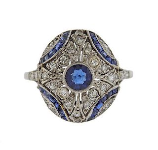 Tiffany &amp; Co Art Deco Platinum Diamond Sapphire Ring