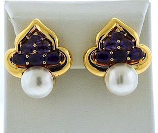 Vasari 18k Gold Amethyst Pearl Large Earrings