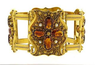 Antique 1850s Natural Pearl Garnet 14k Gold Bracelet
