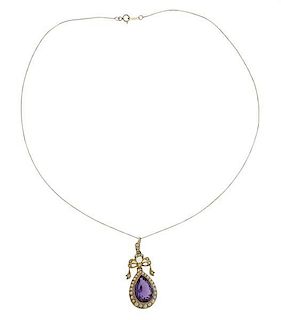 14k Gold Amethyst Pearl Pendant Necklace