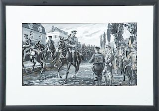 E.P. Kenley, Watercolor, <i>Lieutenant-Colonel A. A. Kennedy, CO 3rd Hussars, Saluting Officers and Men of the 1st Battalion,