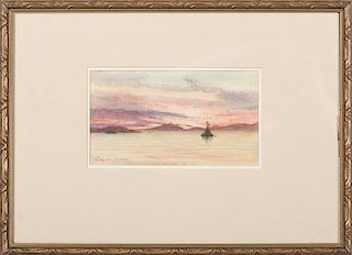 William Wiehe Collins (English, 1862-1951), Watercolor of a Naval Ship Sailing at Sunset