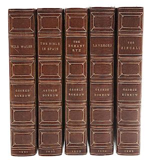 [Literature - Fine Binding] 5 Volumes George Borrow Works in 1/2 Brown Morocco & Gilt Tooling