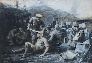 World War I Gouache & Watercolor of an Allied Field Dressing Station, 1914