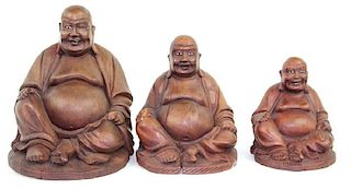 (3) Three Carved Wooden Buddha. Unsigned.