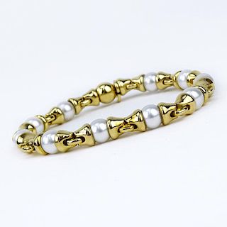 Bulgari 18 Karat Yellow Gold and Pearl Link Bracelet.