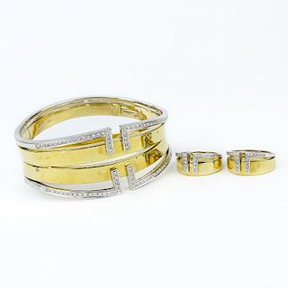 Vintage Italian Round Brilliant Cut Diamond and 14 Karat Yellow and White Gold Hinged Cuff Bangle and Two (2) Ring Suite.