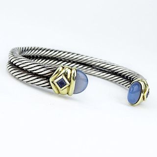 Vintage David Yurman Chalcedony, Sterling Silver and 14 Karat Yellow Gold Cable Cuff Bangle.