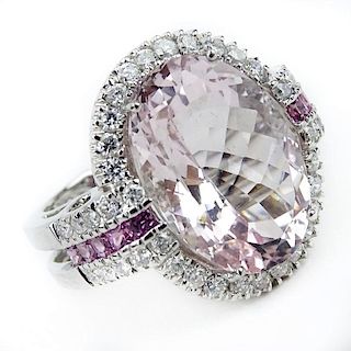 Large Oval Criss Cross Cut Morganite, Round Brilliant Cut Diamond, Pink Sapphire and 18 Karat White Gold Ring.