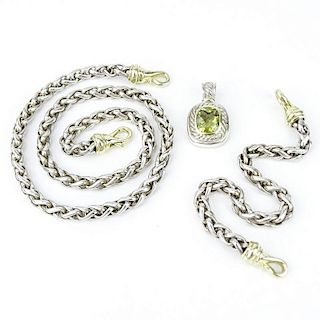 Three (3) Piece David Yurman Sterling Silver and 14 Karat Yellow Gold Cable Chain Bracelet, Necklace and Pendant Suite.