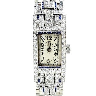 Art Deco Vacheron Constantin for Tiffany & Co Approx. 1.70 Carat Diamond, Sapphire and Platinum Bracelet Watch with Manual Mo