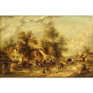 Georgina Lara, British (fl.1862 - 1871) Oil on Canvas "Village Scene." Tag signed G. La'ra , titled,