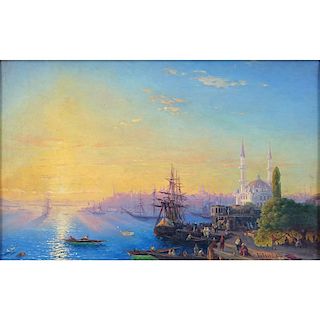 Follower of: Ivan Konstantinovich Aivazovsky, Russian (1817-1900) Oil on canvas "Port City". Signed lower right in Cyrillic.