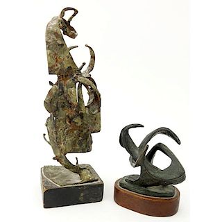 Grouping of Two (2) Mid Century Abstract Bronze and Metal Sculptures on Wooden Base.