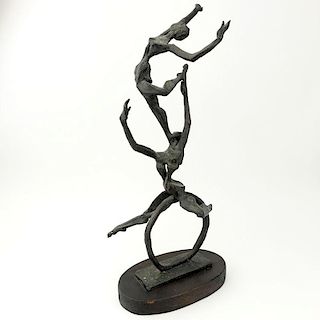 Laura Goodman, American (1910-2004) Mid Century Modern Bronze Sculpture, "The Cyclist" on Wooden Base.