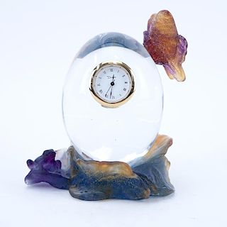Daum France Pate de Verre Butterfly on Clear Egg Clock.