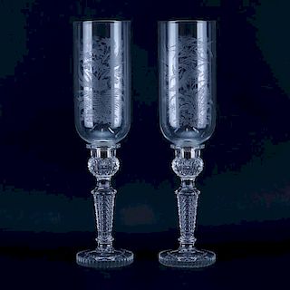 Pair Of Baccarat Crystal Candlesticks With Hurricane Shades Etched With Birds In Foliage.