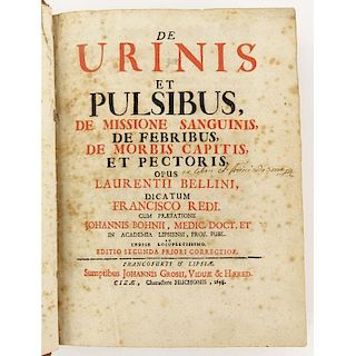 17th Century Book - Lorenzo Bellini "De urinis et pulsibus" IN-4. Published 1698 - Johannis Grossi.