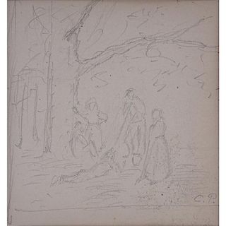 19th Century French School Double Sided Pencil Sketch On Paper. "Figures Under A Tree" on one side "Man With Wheelbarrow" on 