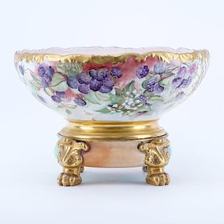 19th Century Hand Painted Limoges Porcelain Bowl On Stand. Decorated with a blackberry motif.