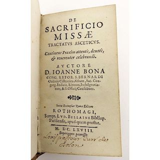 17th Century Book - "De Sacrificio Missae Tractatus Asceticus"  Giovanni Bona. IN-16. Published 1668 -  Lud. Billaine. Rothom