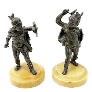 A Pair Of 19/20th Century Bronze "Putti As Roman Gods" Figures On Marble Bases.