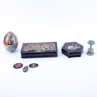 Collection of Six (6) Russian Lacquer Paper Mache Items.
