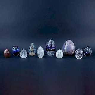Grouping of Ten (10) Mid Century Art Glass Egg Shape Paperweights.