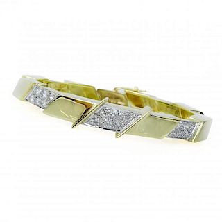 Retro 18 Karat Yellow Gold and Small Round Cut Diamond Cuff Bangle Bracelet.