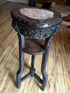 ANTIQUE Chinese high wood and mable Round top stand with three legs, 19th Century.