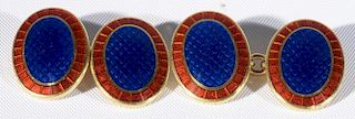 Pair of Tiffany & Co. enameled 18 karat gold cufflinks with blue and red enameling, marked Tiffany & Co. 750 (very small chip