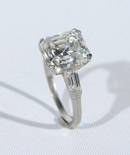 Tiffany & Co. ladies diamond engagement ring set with center Asscher cut diamond 4.58 cts flanked by baguette cut diamonds, c
