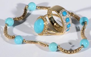 Three piece lot having two 14 karat gold rings set with turquoise with diamonds along with a 14 karat bracelet set with turqu