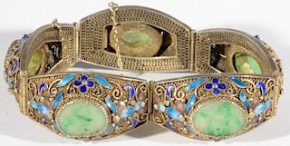 Chinese jadeite bracelet having five silver filigree enameled sections with jadeite plaques
