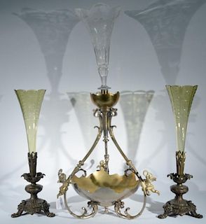 Three piece lot to include a Victorian figural cut crystal epergne in brass base mounted with three putti figures and a pair
