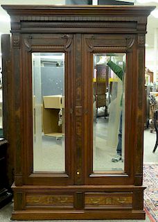 Victorian walnut and burl walnut armoire having two beveled mirrored doors and two drawers, interior of birdseye maple with i