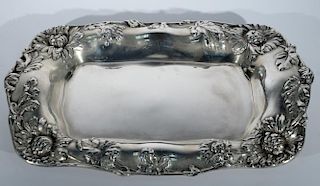 Sterling silver rectangular bowl with large repousse floral border, M. Scooler. lg. 16 1/4in., wd. 10 3/4in., 25.2 troy ounce