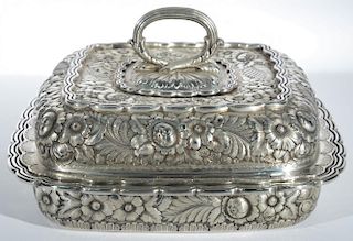 Tiffany & Co. sterling silver covered vegetable dish, repousse flowers and ferns with shaped edge and scrolled handle, monogr