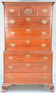 Margolis mahogany Chippendale style chest on chest in two parts, upper portion having central shell carved drawer flanked by
