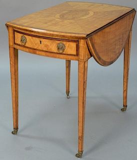 George III satinwood Pembroke drop leaf table having center inlaid oval fan and banded inlaid top over one drawer set on squa