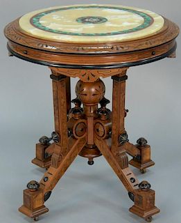Victorian walnut and burl walnut circular table with light through honey onyx center inlaid with micro mosaic flowers surroun