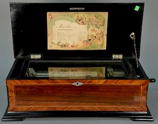 Swiss cylinder music box in inlaid case, eight tune, in working condition (two minor chips on case). ht. 8 1/2in., wd. 23 1/4