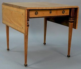 George III satinwood drop leaf table with a drawer, having line and banded inlaid top and inlaid square tapered legs ending i