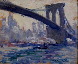 Leon Kroll (1884-1974), double sided oil on panel, "Brooklyn Bridge" circa 1913 on one side, other side Interior Scene with G