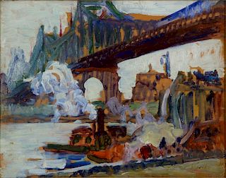 Leon Kroll (1884-1974), oil on panel, "Queensboro Bridge", circa 1913, signed lower right: Kroll, having Bernard Danenberg Ga