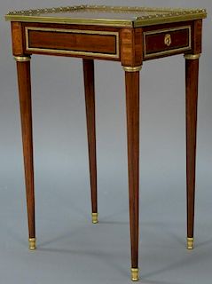 Louis XVI side table having three sided gallery on banded inlaid top on inlaid and gilt bronze mounted case with one drawer,