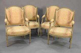 Claude Sene set of four large Louis XVI grey painted fauteuils in custom silk upholstery by Claude Sene circa 1775, each stam