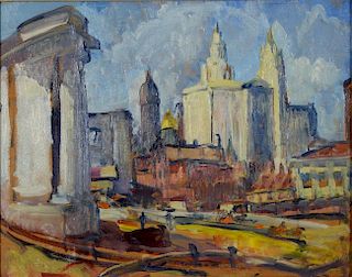 Leon Kroll (1884-1974), oil on panel, Study for Building Manhattan, circa 1913, remnance of signature lower right: Kroll, hav