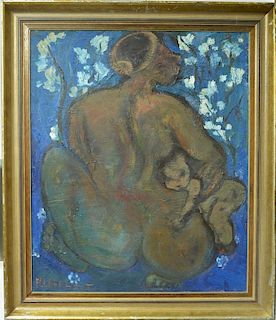 Frans Martin Claerhout (1919-2006), oil on masonite, Mother with Child, signed lower left: F