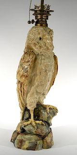 T. Dadolini majolica owl oil lamp with glass eyes, set on naturalistic base, signed on back: T. Dadolini, 19th century, now e